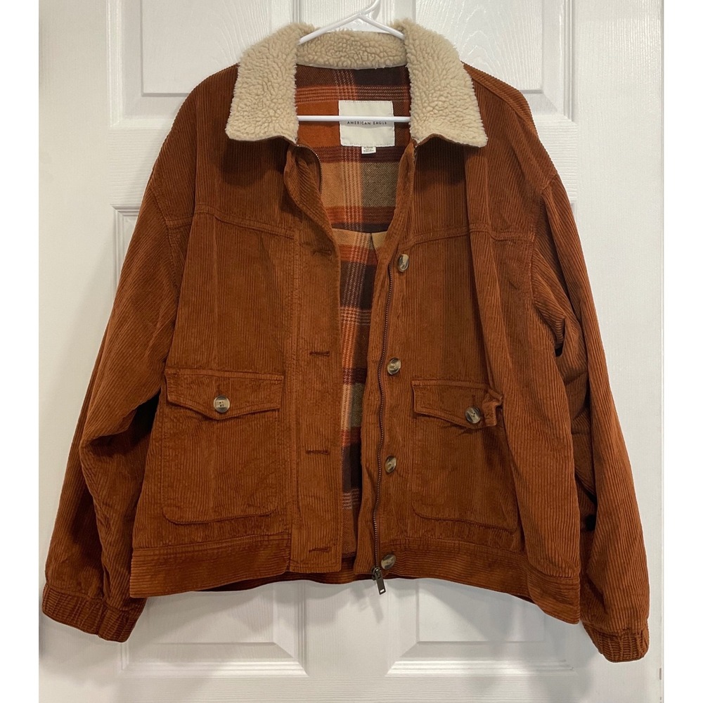 American Eagle Mens XL Rust Brown Corduroy Sherpa Collar Plaid Lined Jacket